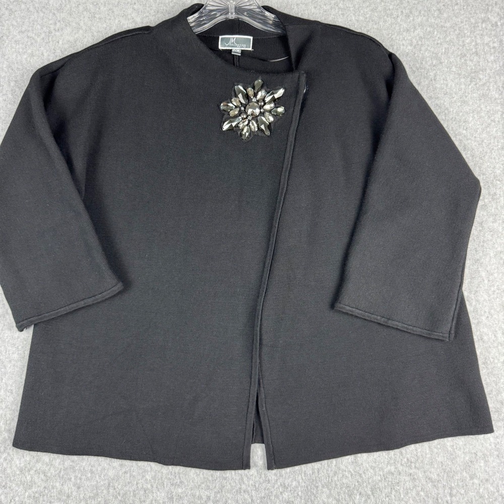 JM Collection Cardigan Women Petite Black Good Rhinestone Brooch Snap Front